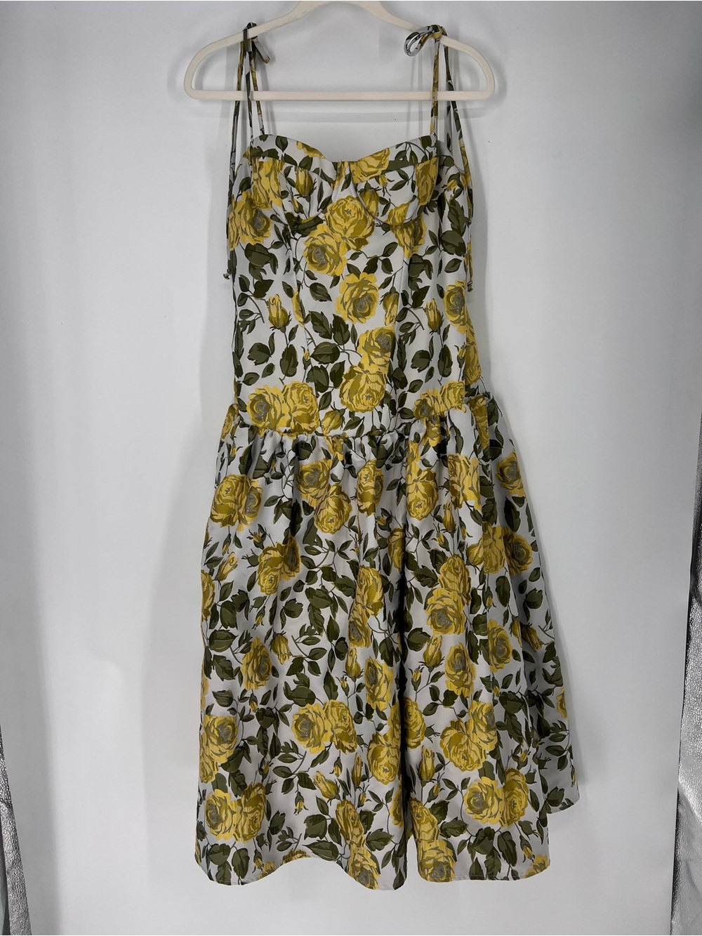 Katie May Yellow Green Rose Floral Print Tie-Strap Brocade Maxi Dress Gown L